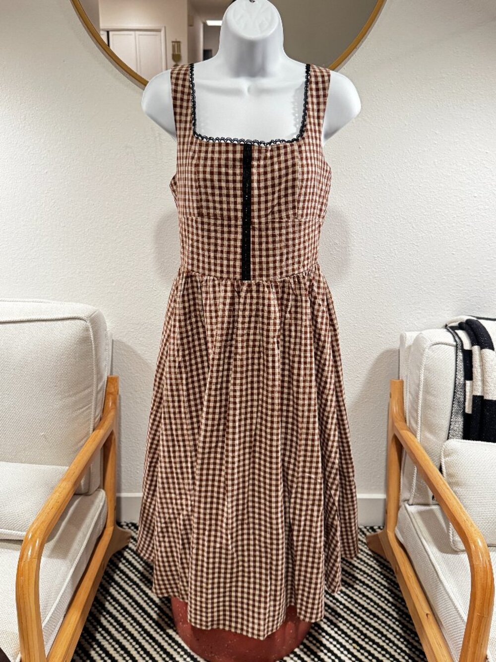 Brown and Cream Gingham Sleeveless Midi Dress